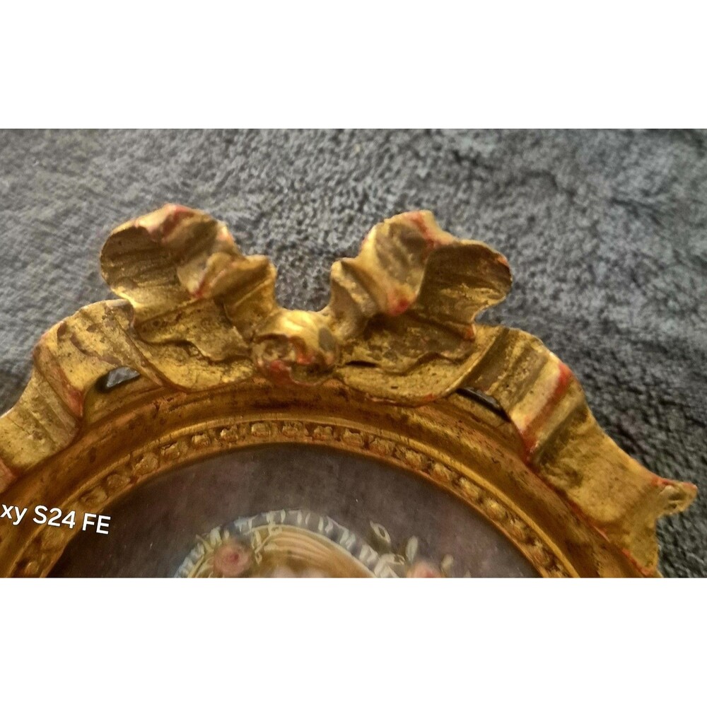 Antique French Miniature Portrait Lady Gilt  Wood Bow Frame As-Is Cracked - Picture 3 of 8